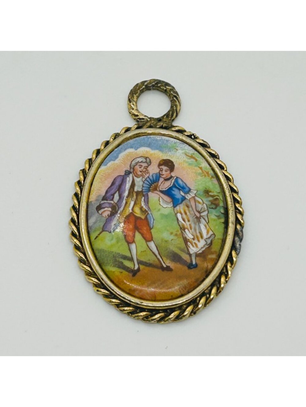 Limoges France Hand Painted Porcelain Courting Couple Oval Pendant Vintage